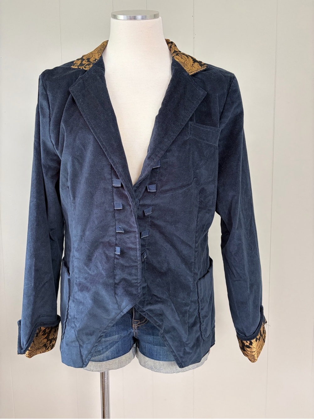 Pyramid Collection Navy Corduroy Brocade Blazer Jacket Large
